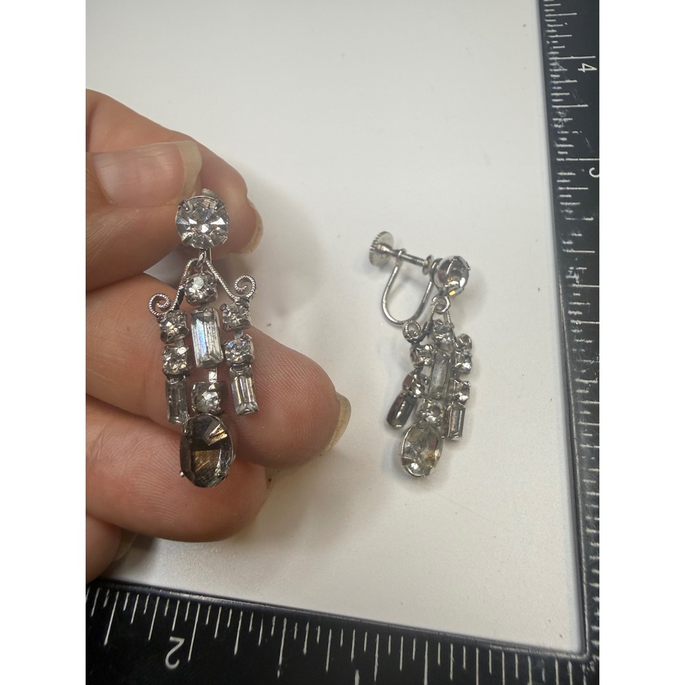 Rhodium Plated Clear Rhinestone Chandelier Screw‎ Back Earrings Silver Tone